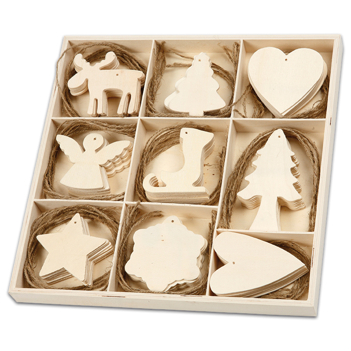 Holz-Aufhänger Weihnachten 9 Motive à 8 St. natur
