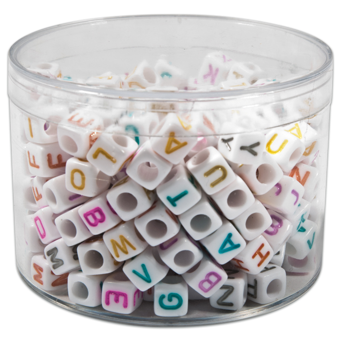 Buchstaben-Perlen Würfel 6mm 50g weiß-bunt