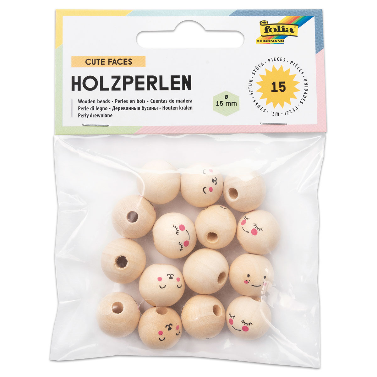 Holzperlen mit Gesichtern Ø 15mm, 15 St. natur